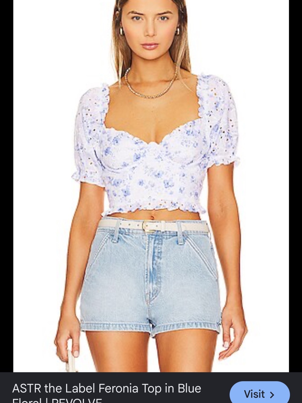 Astr Blue Floral Feronia Puff-Sleeve Crop Top